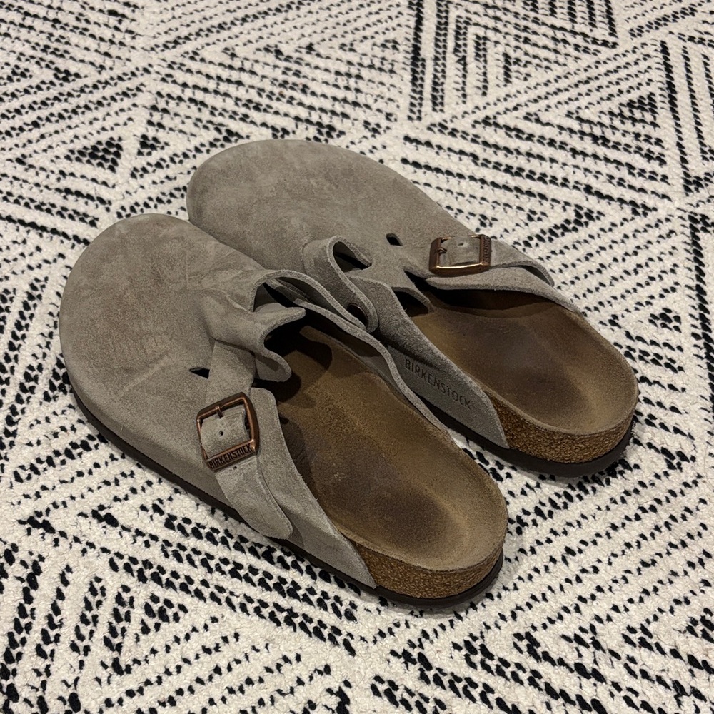Birkenstock Suede Clogs in Taupe Gray with Brown Cork Sole